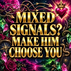May include: A graphic design featuring the gold text MIXED SIGNALS? MAKE HIM CHOOSE YOU. The image includes a glowing pink heart with a crown, a compass, green and pink crystals, a golden snake, and dark red roses against a starry night sky.