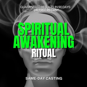 Könnte beinhalten: Ein Graustufenbild einer menschlichen Kopfsilhouette, umgeben von wirbelndem Rauch. Der Text lautet: GUARANTEED RESULTS IN 90 DAYS OR FREE RECAST, SPIRITUAL AWAKENING RITUAL und SAME-DAY CASTING. Die Worte SPIRITUAL AWAKENING sind in leuchtendem Grün.