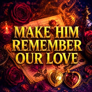 Pode incluir: Um papel de pergaminho de estilo vintage com o texto dourado MAKE HIM REMEMBER OUR LOVE, rodeado por rosas vermelho-escuras, uma vela acesa num suporte de vidro, uma garrafa de vidro decorativa e dois medalhões dourados em forma de coração.