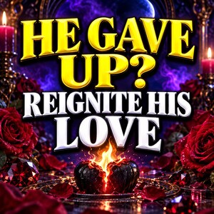 May include: A graphic design featuring the yellow text HE GAVE UP? and white text REIGNITE HIS LOVE. The image includes deep red roses, glowing candles, scattered red gemstones, and a central dark heart shape emitting bright orange flames.