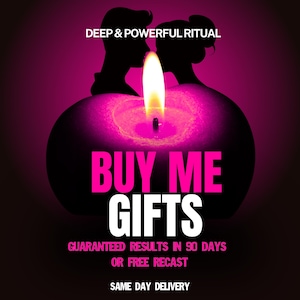 Peut inclure: Une flamme de bougie brillante brille sur un fond magenta foncé avec les silhouettes de deux personnes. Le texte indique : DEEP & POWERFUL RITUAL, BUY ME GIFTS, GUARANTEED RESULTS IN 90 DAYS OR FREE RECAST, et SAME DAY DELIVERY en lettres blanches et roses.