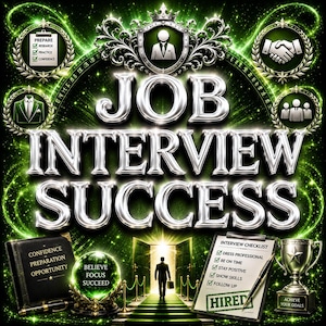 May include: A graphic featuring the text JOB INTERVIEW SUCCESS in silver metallic letters. It includes a checklist with the text PREPARE, RESEARCH, PRACTICE, CONFIDENCE, a crystal ball with the text BELIEVE FOCUS SUCCEED, and a trophy.