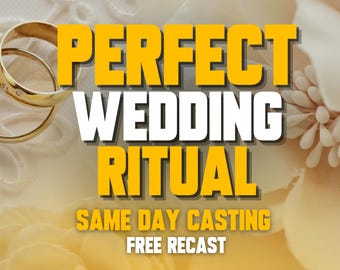 Könnte beinhalten: Zwei goldene Ringe mit kleinen eingebetteten Steinen befinden sich auf der linken Seite des Bildes. Der Text lautet PERFECT WEDDING RITUAL, SAME DAY CASTING und FREE RECAST in fetter gelber und weißer Schrift vor einem cremefarbenen Blumenhintergrund.