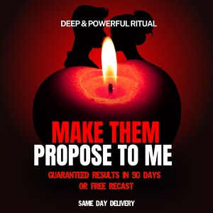Op de afbeelding: Een gloeiende rode kaars met een heldere vlam tegen een donkere achtergrond. De tekst luidt: DEEP & POWERFUL RITUAL, MAKE THEM PROPOSE TO ME, GUARANTEED RESULTS IN 90 DAYS OR FREE RECAST, SAME DAY DELIVERY. Twee donkere silhouetten staan tegenover elkaar.