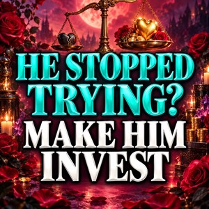 May include: A digital graphic featuring a golden scale with a broken heart on one side and a gold heart with coins on the other, surrounded by red roses and candles. The text reads HE STOPPED TRYING? MAKE HIM INVEST in bold cyan and white letters.