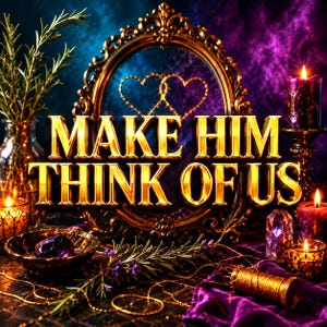 Peut inclure: Un miroir au cadre doré orné présentant deux cœurs lumineux et le texte doré MAKE HIM THINK OF US. La scène comprend un éclairage violet et bleu, des bougies allumées, un cristal, un brin de romarin et une bobine de fil doré.