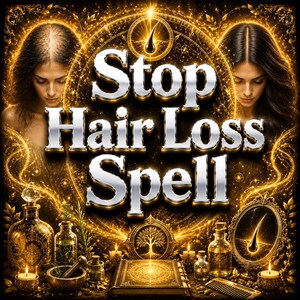 Op de afbeelding: Een afbeelding met de tekst Stop Hair Loss Spell in zilveren letters tegen een gloeiende gouden achtergrond. Twee gezichten worden getoond, één met dunner wordend haar en één met vol haar, omringd door apothekersflessen, een boek en kaarsen.