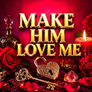 Könnte beinhalten: Ein goldenes herzförmiges Vorhängeschloss und ein passender verzierter Schlüssel auf einer dunkelroten Oberfläche mit roten Rosen, einer brennenden Kerze und einer Glasflasche. Der Text "MAKE HIM LOVE ME" steht in großen, goldenen 3D-Buchstaben.