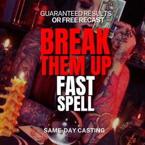 May include: A dark-themed image featuring a person with heavily tattooed arms holding a tarot card. The text reads: GUARANTEED RESULTS OR FREE RECAST, BREAK THEM UP FAST SPELL, SAME-DAY CASTING. A yellow candle and a glass crystal ball are visible.