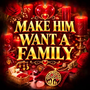 May include: A digital graphic featuring the gold text MAKE HIM WANT A FAMILY centered over a red background with red roses, lit candles, a miniature gold cradle with a teddy bear, and a gold pendant necklace depicting a tree with figures.