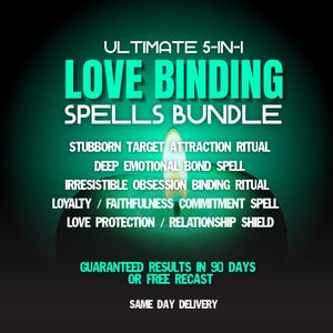 Pode incluir: Um gráfico digital com uma chama de vela verde brilhante sobre um fundo escuro. O texto diz: ULTIMATE 5-IN-1 LOVE BINDING SPELLS BUNDLE, STUBBORN TARGET ATTRACTION RITUAL, DEEP EMOTIONAL BOND SPELL, IRRESISTIBLE OBSESSION BINDING RITUAL, LOYALTY / FAITHFULNESS COMMITMENT SPELL, LOVE PROTECTION / RELATIONSHIP SHIELD, GUARANTEED RESULTS IN 90 DAYS OR FREE RECAST, SAME DAY DELIVERY.