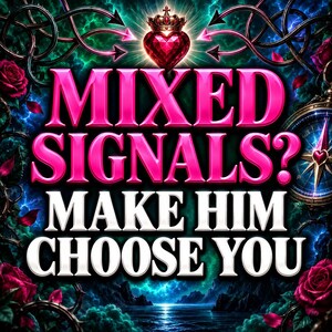 Può includere: Un design grafico con il testo MIXED SIGNALS? MAKE HIM CHOOSE YOU in lettere rosa e bianche. Sopra il testo c'è un cuore rosso sormontato da una corona. Lo sfondo include rose scure, viti spinose e una bussola.
