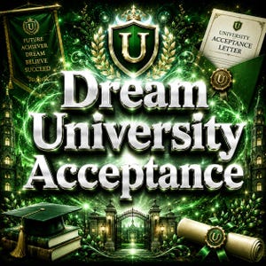 Może przedstawiać: Projekt graficzny z napisem Dream University Acceptance srebrnymi metalicznymi literami. Obraz zawiera zieloną tarczę z literą U, baner z napisem Future Achiever Dream Believe Succeed, dyplom, książki oraz czapkę absolwenta uczelni.