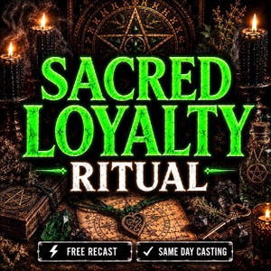 May include: A dark, atmospheric graphic featuring the bright green text SACRED LOYALTY RITUAL. The composition includes black candles, a pentagram symbol, a heart-shaped pendant, a vintage key, and two rectangular banners stating FREE RECAST and SAME DAY CASTING.