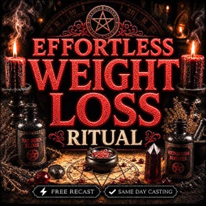May include: Two black candles in ornate holders flank a central display featuring the text EFFORTLESS WEIGHT LOSS RITUAL. Two dark glass bottles labeled FAT BURN ELIXIR and METABOLISM BOOSTER sit near a small cauldron, a crystal, and a pentagram design.