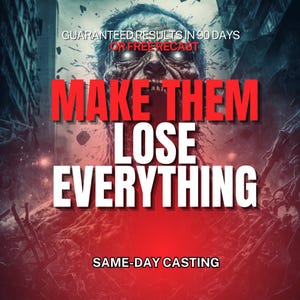 May include: A digital graphic featuring a decaying, zombie-like figure with glowing white eyes against a dark, ruined city background. The text reads: GUARANTEED RESULTS IN 90 DAYS OR FREE RECAST, MAKE THEM LOSE EVERYTHING, and SAME-DAY CASTING.