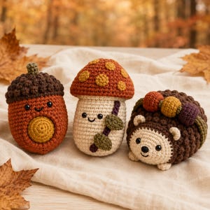 Può includere: Tre peluche realizzati all'uncinetto che includono una ghianda con cappuccio marrone scuro, un fungo con cappello color ruggine a pois gialli e un riccio marrone con una fila di gomitoli colorati sulla schiena. Ogni giocattolo ha un viso sorridente.