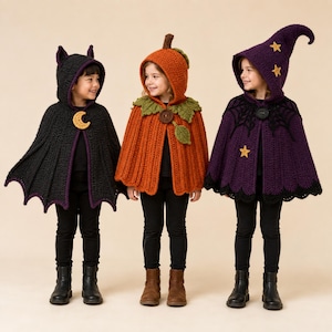 May include: Three crocheted hooded capes: a black bat cape with a yellow crescent moon, an orange pumpkin cape with green leaves and a brown button, and a purple witch cape with black spiderweb trim and yellow star appliqués.
