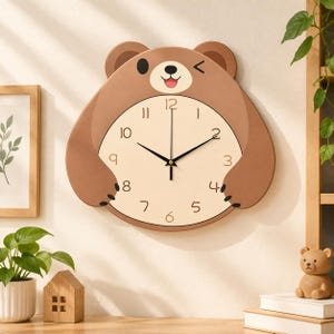 May include: A brown bear-shaped wall clock with a cream-colored circular face. The bear has a winking expression, small ears, and paws resting on the sides of the clock face. Black clock hands indicate the time against dark brown numerals.