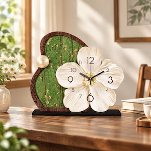 May include: A table clock featuring a large, white, five-petaled flower face with black numerals and hands. The clock is mounted on a dark brown, textured, gourd-shaped frame with a green background decorated with small pink floral branches.