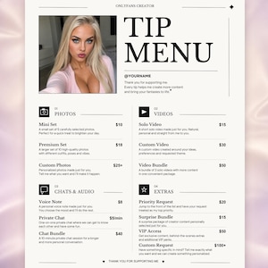 May include: A white digital tip menu template for an OnlyFans creator featuring a photograph of a blonde person in a pink top. The layout includes sections for photos, videos, chats, audio, and extras with black text and icons on a clean background.
