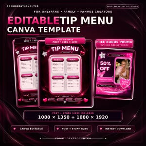Puede incluir: Una plantilla de Canva editable para un menú de propinas con un esquema de color cereza oscuro y detalles en rosa. El diseño incluye formatos para publicaciones e historias, mostrando secciones para fotos, videos, chat y opciones personalizadas.