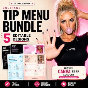 Könnte beinhalten: Ein digitales Marketing-Paket mit fünf bearbeitbaren Trinkgeld-Menü-Designs für Content-Ersteller. Die Grafik enthält den fetten schwarzen Text ONLYFANS TIP MENU BUNDLE, 5 EDITABLE DESIGNS und EDIT WITH CANVA FREE ACCOUNT sowie verschiedene Vorlagen.