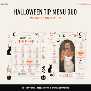 Pode incluir: Um conjunto de modelos digitais de menu de gorjetas de Halloween com dois designs intitulados Midnight e Trick or Tip. Os layouts incluem molduras arqueadas, ilustrações de gatos pretos, abóboras, velas e opções de preços para serviços.