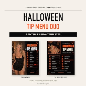 Könnte beinhalten: Zwei bearbeitbare Canva-Vorlagen für ein Halloween-Trinkgeldmenü mit schwarzem und orangefarbenem Text im Hochformat. Die Designs enthalten den Text "HALLOWEEN TIP MENU", "TIP MENU MINI" und "TIP MENU 16 OPTIONS" für Content-Ersteller.