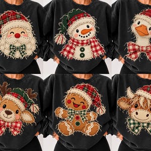 Paquete de imágenes PNG de patchwork navideño, 6 personajes de tela deshilachada, Papá Noel, ganso y pan de jengibre con apliques de imitación, sublimación para camisetas navideñas DTF