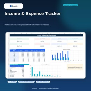 Può includere: Un modello di foglio di calcolo Excel Income & Expense Tracker dotato di una dashboard con tabelle di dati finanziari, grafici a barre che confrontano entrate e uscite e suddivisioni per categoria. L'interfaccia include etichette di testo per le metriche finanziarie.