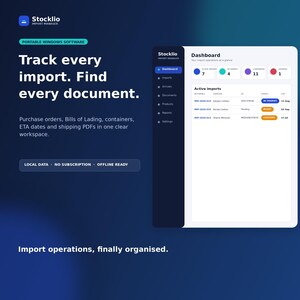 Può includere: Un'interfaccia digitale per il software Stocklio Import Manager su uno sfondo blu scuro. Lo schermo mostra una dashboard con operazioni di importazione, stato di tracciamento e funzioni di gestione documenti. Il testo include 'Track every import. Find every document.' e 'Import operations, finally organised.' con etichette per dati locali, nessun abbonamento e disponibilità offline.