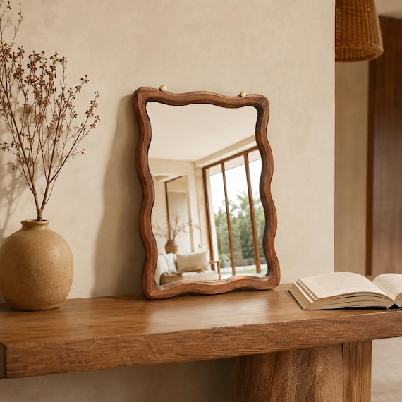 Wavy Wooden Vanity Mirror, Boho Wall Decor, Irregular Frame (Dual-Use)