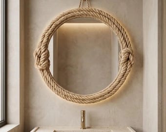 Round Rope Wall Mirror, Coastal Bathroom Vanity, Bohemian Hanging Entryway Decor, Nautical Jute Glass