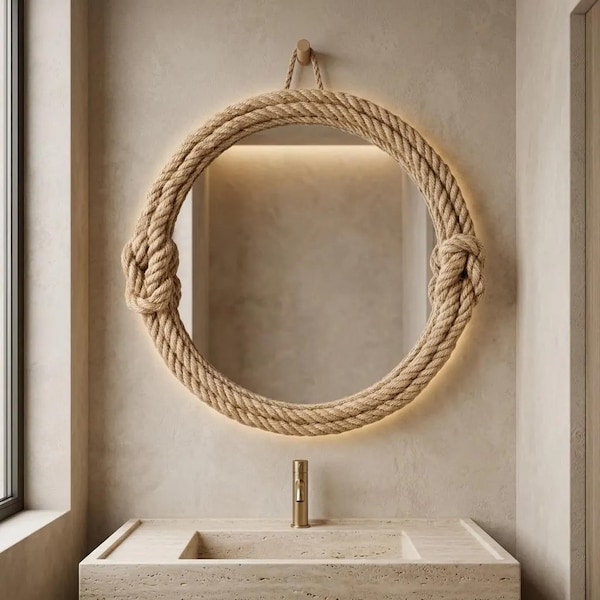 Ronde wandspiegel van touw, badkamermeubel in kuststijl, boho hangende decoratie voor de hal, nautisch jute glas