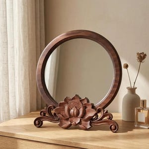 Miroir de coiffeuse en bois, plateau de maquillage sculpté en forme de lotus, décoration de bureau circulaire, objet de décoration florale ronde sur pied