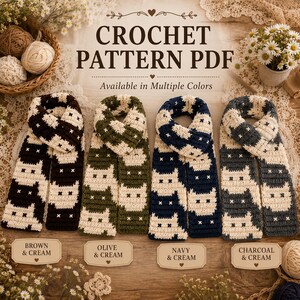 May include: A digital crochet pattern PDF featuring four scarves with a repeating cat face motif in brown and cream, olive and cream, navy and cream, and charcoal and cream. The text reads CROCHET PATTERN PDF and Available in Multiple Colors.