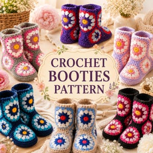 May include: A collection of crochet booties featuring various color combinations of granny square flower motifs. The booties are displayed in pairs with different color schemes including purple, pink, blue, beige, and black. Text reads CROCHET BOOTIES PATTERN.