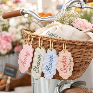 Op de afbeelding: Vier gepersonaliseerde stoffen bagagelabels met goudkleurige karabijnsluitingen hangend aan een gevlochten rieten fietsmand. De labels zijn voorzien van de geborduurde namen Avery, Eleanor, Mason en Sophia in diverse pastelkleuren.