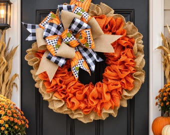 Corona de calabazas de otoño, decoración personalizada para puerta de casa de campo de Halloween, corona rústica de arpillera de otoño, letrero de Acción de Gracias para la puerta principal, regalo de inauguración de casa