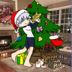 Op de afbeelding: Een digitale illustratie van een personage met wit haar en een rood-witte kerstmuts, die een gouden ster op een groene kerstboom plaatst. De boom is versierd met kleurrijke ornamenten, een rode kerstsok en een mand aan de voet.