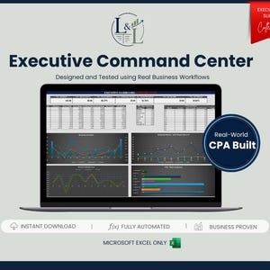 Op de afbeelding: Een laptopscherm met een Executive Command Center-dashboard met financiële gegevenstabellen, lijngrafieken en staafdiagrammen. De tekst bevat Executive Command Center, Designed and Tested using Real Business Workflows, Real-World CPA Built en Microsoft Excel Only.