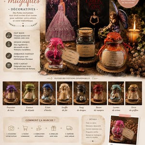 Peut inclure: Une collection de fioles décoratives en verre avec bouchons en liège, sceaux en cire et étiquettes en papier vieilli. L'ensemble comprend des livres, une figurine de fée et une bougie, avec une grille présentant divers types de potions.