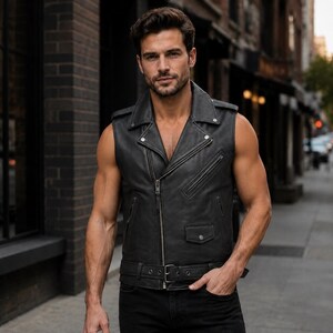 Handmade Slim Fit Black Genuine Leather Waistcoat For Men, Sleeveless Jacket | Men's Vintage Moto Biker Vest, Cowboy Vest | Gift For Him
