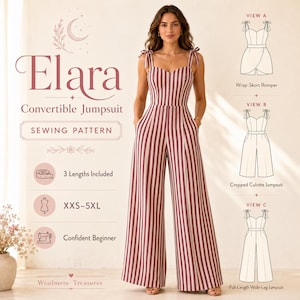 Puede incluir: Un patrón de costura para el mono convertible Elara, que presenta una prenda a rayas con tirantes de lazo y escote corazón. El diseño incluye tres variaciones: un romper cruzado, un mono tipo culotte recortado y un mono de cuerpo entero.