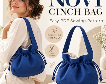 May include: A blue cinch bag with a single handle and drawstring closure. The text reads NOVI CINCH BAG, Easy PDF Sewing Pattern, BEGINNER FRIENDLY, and NO ZIPPER. The bag features a solid blue exterior and a light-colored interior lining.
