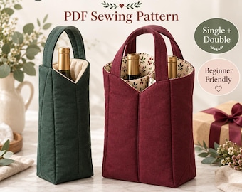 May include: A Padded Bottle Carrier PDF Sewing Pattern featuring a dark green single bottle bag and a burgundy double bottle bag. Both bags have fabric handles and floral patterned linings. Text includes Padded Bottle Carrier, PDF Sewing Pattern, Single + Double, Beginner Friendly, and Fully Lined, Padded, No Hardware.