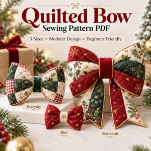 Quilted Bow Sewing Pattern PDF, 3 Sizes, Patchwork Fabric Bow with Removable Tails