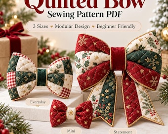 May include: A Quilted Bow Sewing Pattern PDF featuring three sizes: Everyday, Mini, and Statement. The image displays three quilted fabric bows in red, green, and cream with holiday-themed patterns including snowflakes, holly, and gingham.