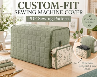 May include: A sage green quilted sewing machine cover with a rectangular shape and a detachable floral print pouch on the side. The text reads CUSTOM-FIT SEWING MACHINE COVER, PDF Sewing Pattern, Confident Beginner, and Detachable foot pedal & cord pouch.